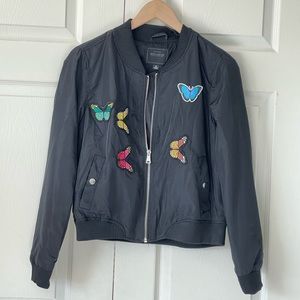 Miss London black bomber jacket W/butterfly appliqué